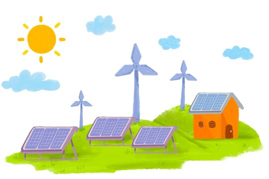 illustration of alternative energy as sun energy, solar cell, wind energy etc.