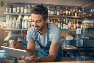 Cafe, waiter and reading on digital tablet, scroll through inventory list and check stock, small business and hospitality. Man, owner and franchise with admin and stocktaking with connectivity