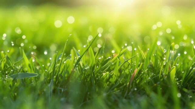 Natural green background of young juicy grass in sunlight with beautiful bokeh. Lush grass close-up in nature outdoors, wide format with copy space. Generative AI
