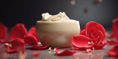 Rose cosmetic product. Face cream  and rose petals. Generative Ai illustration