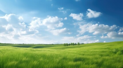 Fototapeta na wymiar Panoramic natural landscape with green grass field and blue sky with clouds with curved horizon line. Panorama summer spring meadow.. Generative AI
