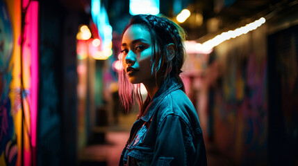 Obraz premium Dark-Haired Beauty in Neon City, Generative AI
