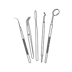 Dental instruments. Line art drawing. Set of dental tools. Dental health care. Hand drawn vector illustration.