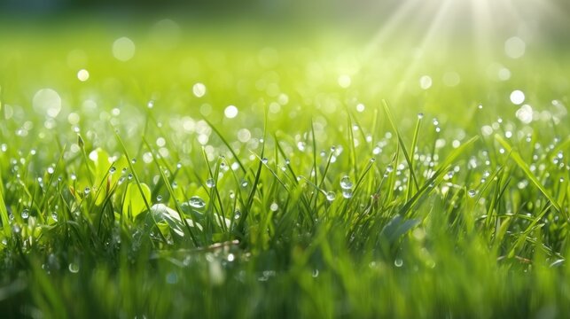 Juicy lush green grass on meadow with drops of water dew in morning light in spring summer outdoors close-up macro, panorama. Beautiful artistic image of purity and freshness of nature. Generative AI