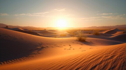 Fototapeta na wymiar Sunset in the sandy desert. Amazing landscape of sand dunes under the scorching setting sun. Generative AI.