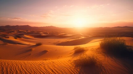 Fototapeta na wymiar Sunrise in the sandy desert. Amazing landscape of sand dunes under the scorching rising sun. Generative AI.