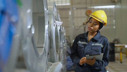 Engineer woman examining and measuring steel at lathe factory, worker or technician check and...