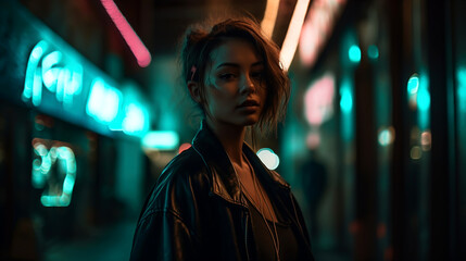 Fototapeta premium Nighttime Portrait of a Woman in Neon Tokyo, Generative AI