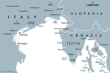 Gulf of Venice, gray political map. A bay of water in the northern Adriatic Sea, limited by the Po delta and Venetian Lagoon in Italy, and the Istrian Peninsula in Croatia, also bordered by Slovenia.
