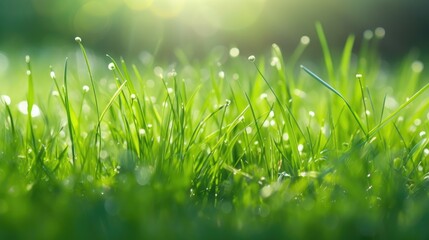 Obraz premium Natural green background of young juicy grass in sunlight with beautiful bokeh. Lush grass close-up in nature outdoors, wide format with copy space. Generative AI