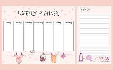 Hand drawing vector weekly planner with baby elements.