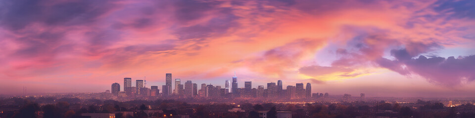 extreme wide angle of a multi colored sky and skyline at dawn in soft, muted pastel colors pink and blue