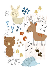 Vector arrangements with forest animals. Woodland decoration on a white background.