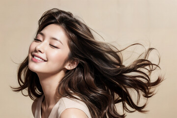 headshot of woman closing her eyes with her hair blowing, Generative AI