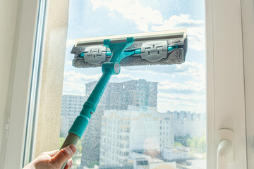 Window cleaner squeegee, microfiber squeegee and scrubber. Long Handle Professional Squeegee for...