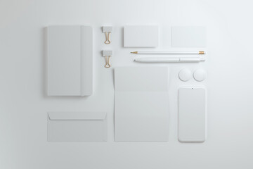 Top view Office stationery set, envelope, sheet, business cards, pencil, pen and notebook. Mockup design.
