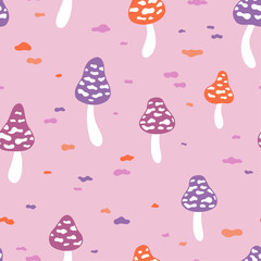 Seamless pattern with magic mushrooms. Hand drawn vector backround.