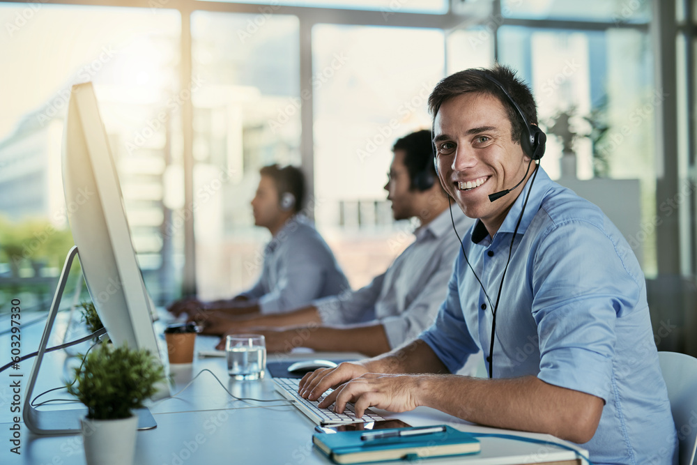 Poster customer service, coworking space and portrait of happy man consulting with advice and smile at help