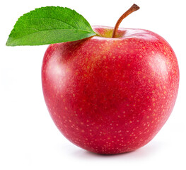 Ripe perfect red apple with green leaf on white background.