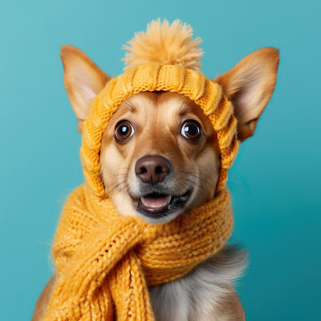 Cute Funny Dog in Yellow Knitted Hat on Blue background. Generative AI
