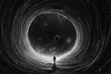 Desolate cosmic void. Man standing in front of a black cosmic abyss. Man on the road in a surreal space. Center of the universe. An uninhabited other planet. Fantasy scene. Conceptual image. Art