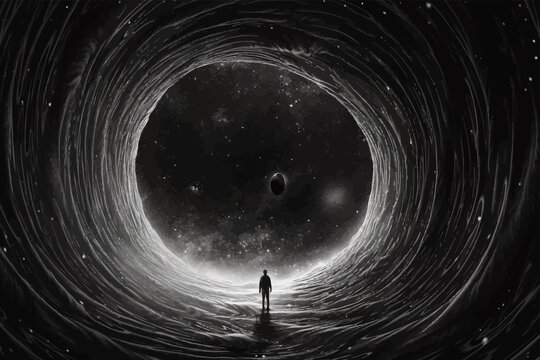 Desolate cosmic void. Man standing in front of a black cosmic abyss. Man on the road in a surreal space. Center of the universe. An uninhabited other planet. Fantasy scene. Conceptual image. Art