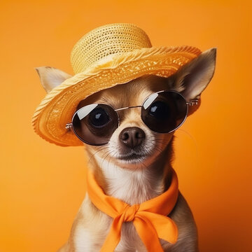 Portrait of Cute Chihuahua in Stylish Glasses, Summer Hat on Orange background.