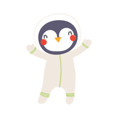 Cute funny penguin astronaut in space suit cartoon character illustration. Hand drawn animal, Scandinavian style flat design, isolated vector. Kids print element, space adventure, travel, science