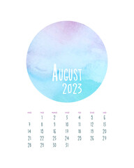 Calendar August 2023 with watercolor blue pink circle. Vector illustration