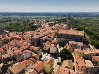 Aerial view of the beautiful medieval city of Buje in Istria, Croatia. Aerial panoramic shot on a...