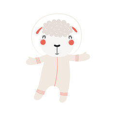 Cute funny sheep astronaut in space suit cartoon character illustration. Hand drawn animal, Scandinavian style flat design, isolated vector. Kids print element, space adventure, travel, science