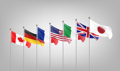 Big Seven. Flags of countries of Group of Seven Japan, Canada, Germany, Italy, France, USA , UK. The 49 th G7 Hiroshima summit on 19–21 May 2023 in the Japan. Grey background. 3D illustration.