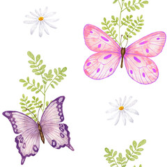 Fototapeta na wymiar Butterfly. Watercolor seamless pattern with Pink and Green Butterfly and Chamomile flowers. The wild nature. Illustration of an insect on white background.