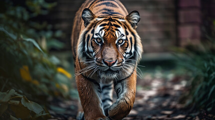 Tiger in the nature habitat tiger male walking head on composition wildlife scene