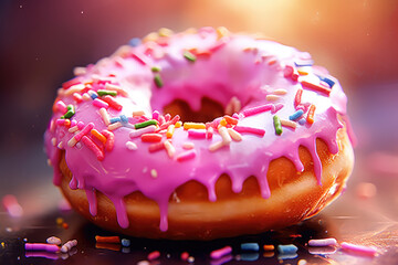A pink frosted donut with colorful sprinkles and a bite - obrazy, fototapety, plakaty