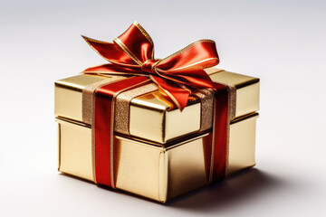 Obraz premium A shiny golden gift box with a red ribbon on top placed
