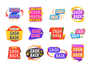 Set of cashback label collection perfect for promo your product promo sales. Advertising badges for your business. Refunds from purchases. 