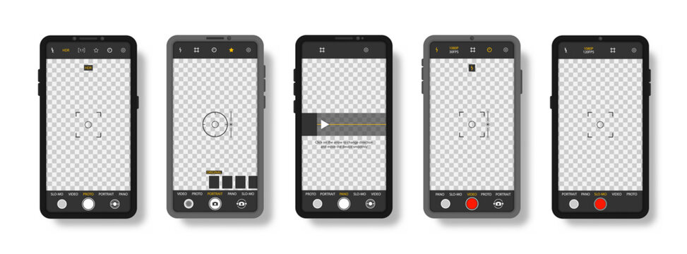 Camera Interface In Phone Screen. Photo, Video Ui In Cellphone. App For Record From Mobile Cam. Viewfinder, Grid, Focus, Button And Rec. Smartphone Mockup For Photography, Selfie And Video. Vector.