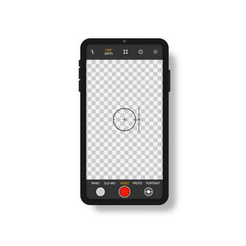 Camera interface in phone screen. Photo, video ui in cellphone. App for record from mobile cam. Viewfinder, grid, focus, button and rec. Smartphone mockup for photography, selfie and video. Vector.