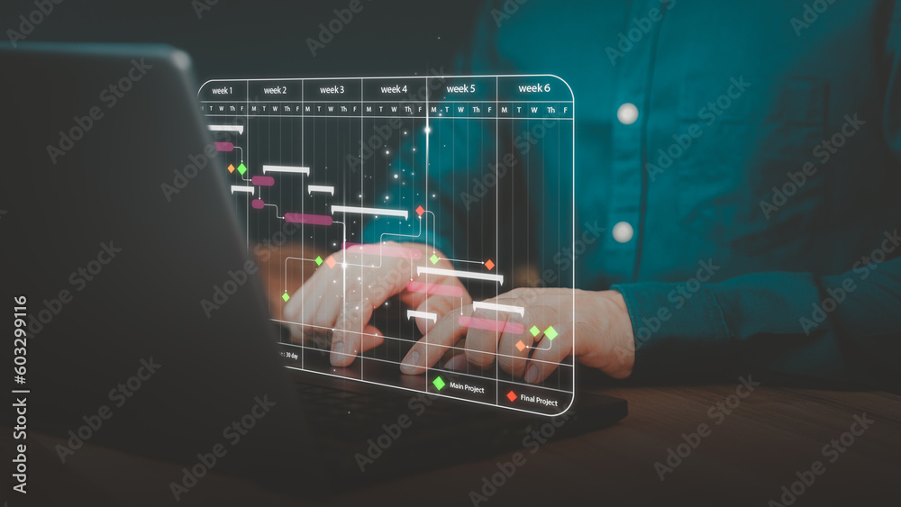 Poster Business man working data analytics with computer in business management system to make report with KPI and metrics connected to database. Corporate strategy for finance, marketing, operations, sales.