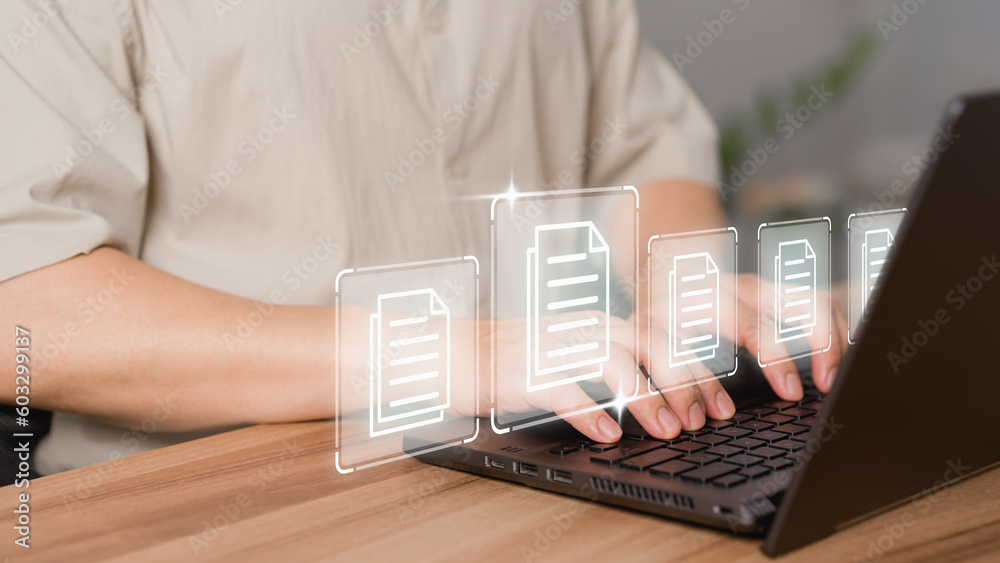 Fototapete Document management concept with icons on ERP virtual screen. Employee typing on a computer keyboard checking documents in office. Online documentation database to efficiently manage files.