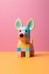 Fototapeta na wymiar A fun cartoon character children's toy in a brightly colored studio, surrounded by vivid indoor backdrops. Pastel pink, blue, orange, yellow, turquoise. Generated AI.