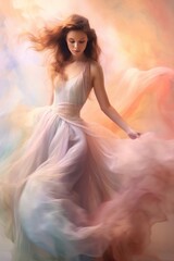 A young woman stands elegantly in a stunning wedding silky dress, in the colorful fog of smoke. Generated AI.
