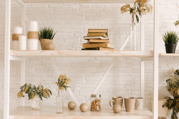 Light wooden bookshelves with hardback overturned books in white interior, indoor flowers on the...