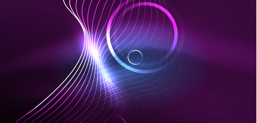 Neon lines and waves abstract background. Techno glowing neon shapes vector illustration for wallpaper, banner, background, landing page, wall art, invitation, prints, posters