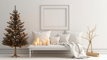 White blank wooden frame mockup with Christmas tree, candles, linen cushions and plaid on the white bench. Poster product design. Scandinavian home decor, nordic design. Generative AI