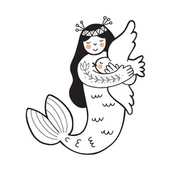 Hand drawn cute folk mermaid holding and hugging a bird, line doodle design isolated vector illustration with white background