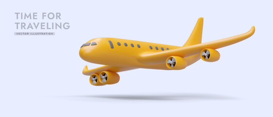 Beautiful yellow 3d realistic airplane flying on blue background. Poster for travel agency and airlines. Time for traveling concept. Colorful vector illustration in cartoon style