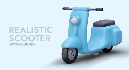 Advertising poster for electronic transport selling and rental company. Colorful realistic 3d scooter on blue background. Eco-friendly vehicles transport concept. Vector illustration in cartoon style © ArtHub02