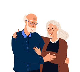 Smiling Pensioners Elder Senior couple.Happy elderly retired man hug his woman.Happy relationships.Old Senior spouse wearing fashion stylish clothes.Flat vector illustration isolated,white background
